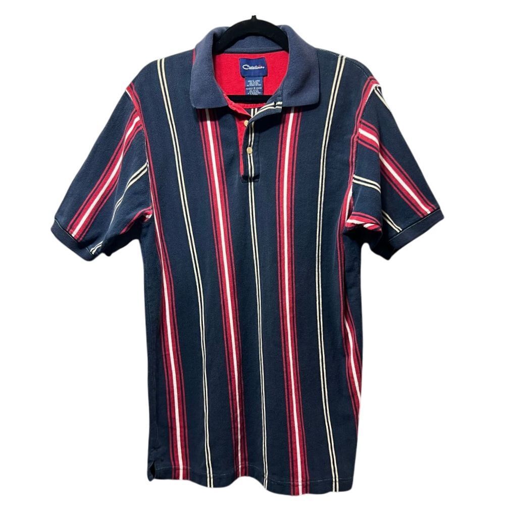 Vintage 90s Catalina Vertical Striped Polo Shirt Navy Red‎ White Casual Golf L